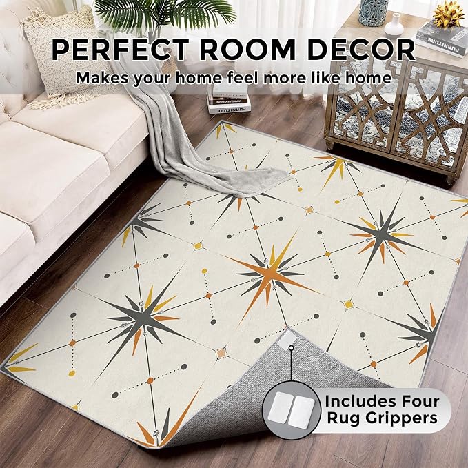 Atomic Rugs for Bedroom 6x9 ft, Mid Century Modern Area Rugs for Living Room, Washable Non Slip Low Pile Starburst Carpet, Home Decor PF-P 107