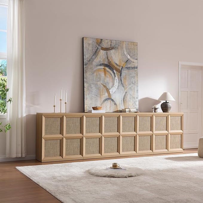 VividVibe Sideboard Buffet Cabinet with Storage, 94.35”Large Boho Credenza with 6 Doors, Coffee Bar Cabinet Farmhouse Modern for Entryway Living Room Natural Oak