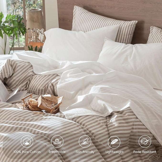 MooMee Bedding Sheet Set 100% Washed Cotton Linen Like Textured Breathable Durable Soft Comfy (Solid Off White, King)
