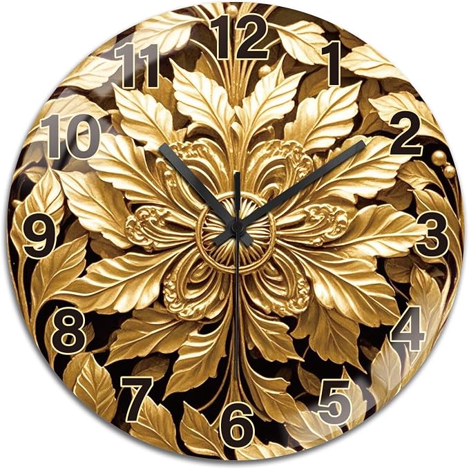 peacoblue Wall Clocks Battery Operated 12 Inch Golden Abstract Leaves Glass Round Wall Clock Non Ticking for Kitchen Living Room Dining Room Bedroom and Bathroom Decor (Battery not Included)