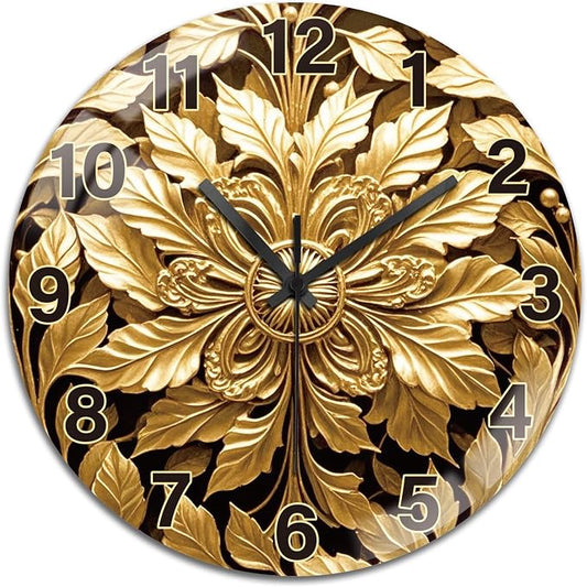 peacoblue Wall Clocks Battery Operated 12 Inch Golden Abstract Leaves Glass Round Wall Clock Non Ticking for Kitchen Living Room Dining Room Bedroom and Bathroom Decor (Battery not Included)