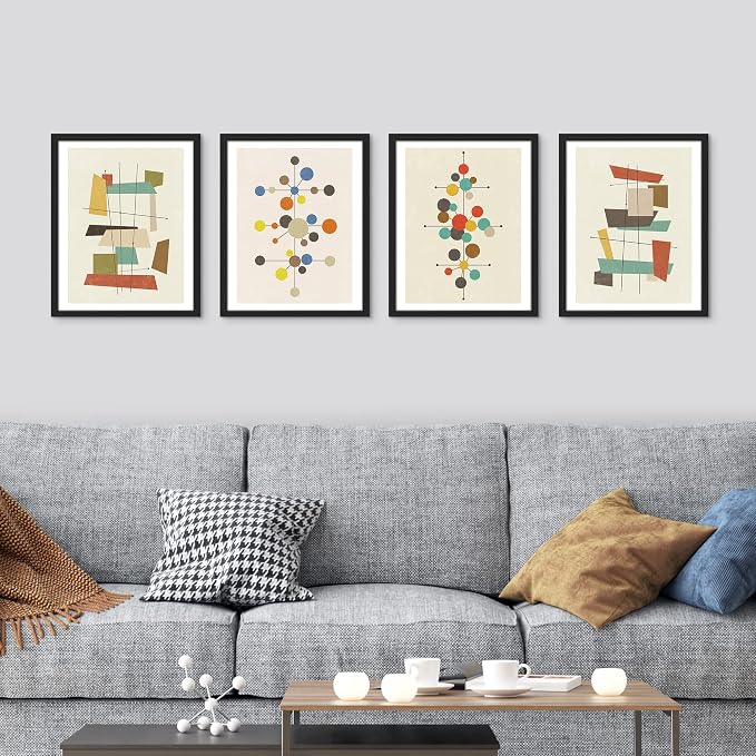 SIGNWIN Framed Mid-Century Modern 1960s Vintage Nordic Polygons Wall Art, Set of 4 Abstract Geometric Wall Decor Prints, Nature Wilderness Wall Décor for Living Room, Bedroom - 11"x14" Black
