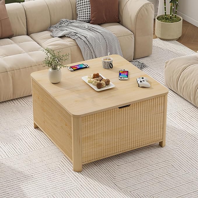 LYNCOHOME 31.5" Fluted Lift Top Coffee Table with Storage, Square Coffee Tables for Living Room, Coffee Table with Large Hidden Storage Compartment and Adjustable Shelves，Natural