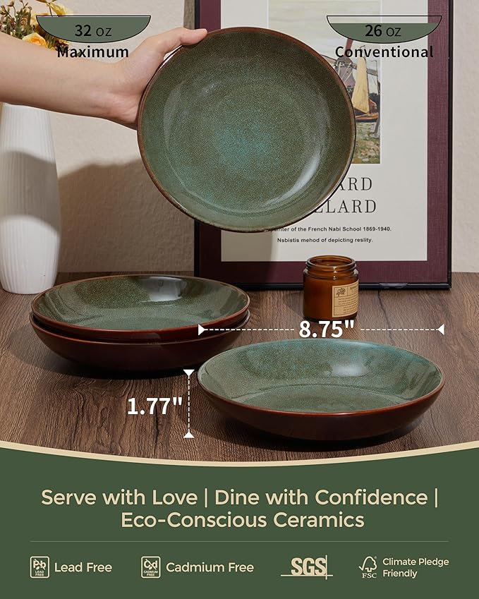 12 Piece Dinnerware Sets with Pasta Bowls, Stain Resistant Dish Set, Easy Cleaning Dishes, Multi-Functional Plate and Bowl Set, Stack Compactly Plates, Service for 4 Sage Green