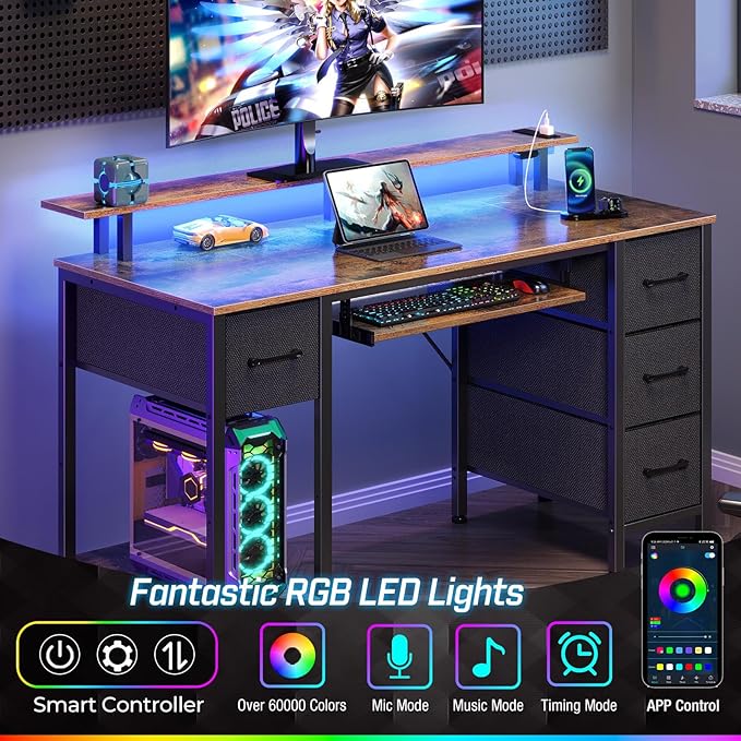 Seventable Computer Desk 55.1" with LED Lights & Power Outlets, Home Office Desk with 4 Drawers, Writing Desk with Keyboard Tray, Study Table with Monitor Stand, Work Table for Office, Rustic Brown