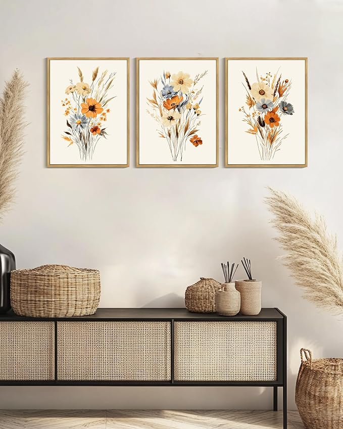KUVIOKE Vintage Wildflower Bouquet Framed Wall Art Retro Flower Botanical Pictures Illustrations Colorful Floral Hanging Decor 12x16in (Natural Framed)