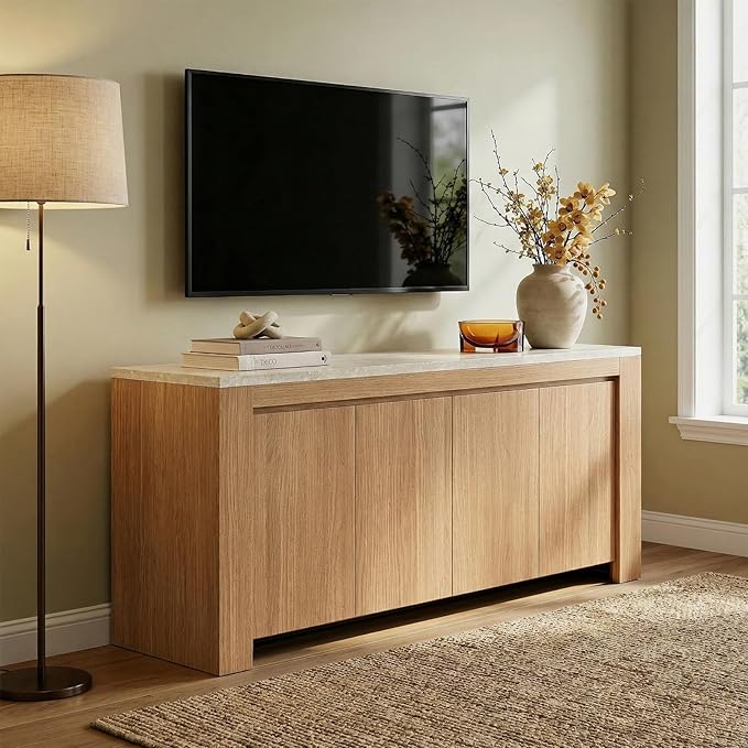 Buffet Cabinet with Storage, 63" Sideboard Buffet Accent Cabinet with Faux Marble Top & 4 Doors, Modern Buffet Table Credenza Cabinets for Living Room, Dining Room, Kitchen（Natural Oak）