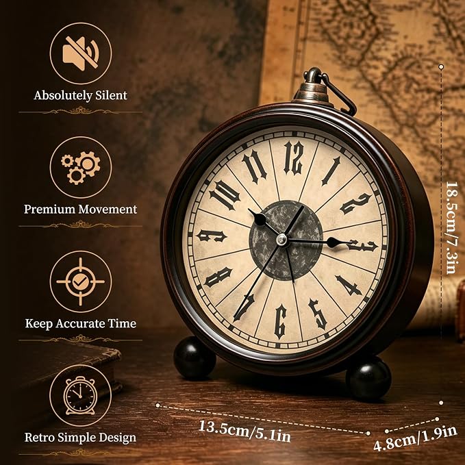 Metal Analog Alarm Clock - 5'' Battery Operated Silent Non-Ticking Quartz Antique Retro Small Desk Clocks for Bedside Bedrooms Living Room Office Home Decor (Black)