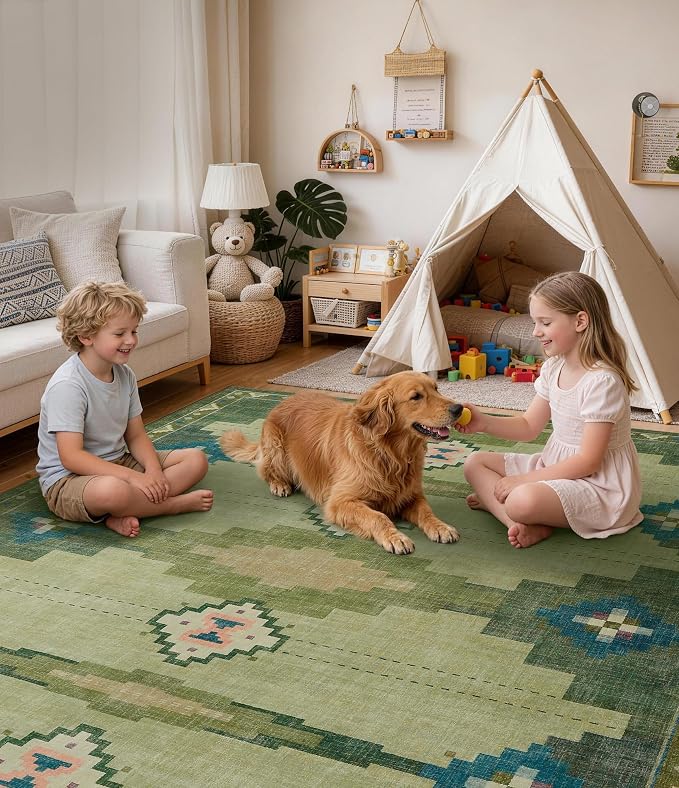 YIHOUSE Mid Century Modern Rugs for Living Room, 6x9 Green Rug No-Slip Southwestern Large Area Rug Washable Rugs for Bedroom, Dining Room