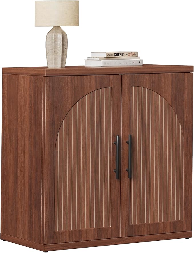 31.5" Fluted Buffet Cabinet with Storage, Mid-Century Symmetrical Arched Sideboard Credenza with Adjustable Shelf, Large Wood Console Table for Dining Room, Kitchen, and Living Room(Walnut)