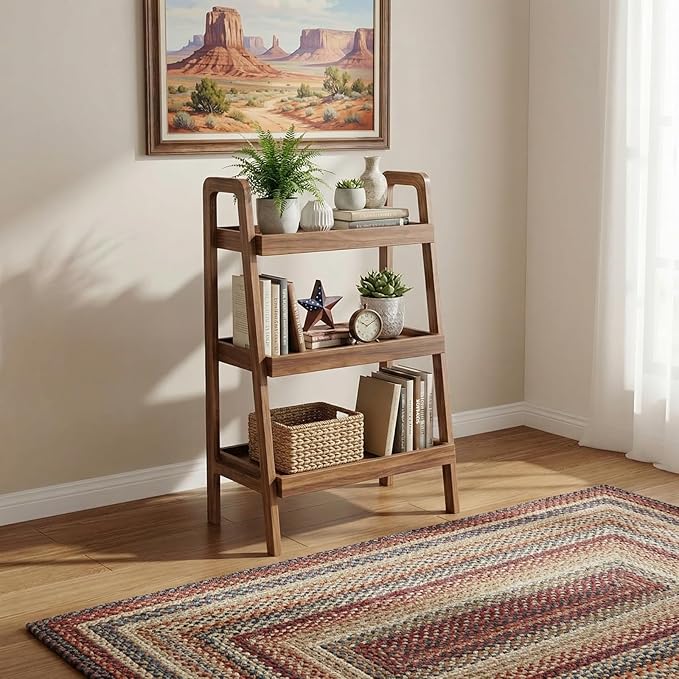 100% Solid Oak 3 Tier Ladder Shelf for Saving Space, Small Bookshelf with Stable Frame, Free Standing Ladder Shelves for Living Room Bedroom Couch, (Walnut, 25.6" W x 13.4" L x 36.2" H)