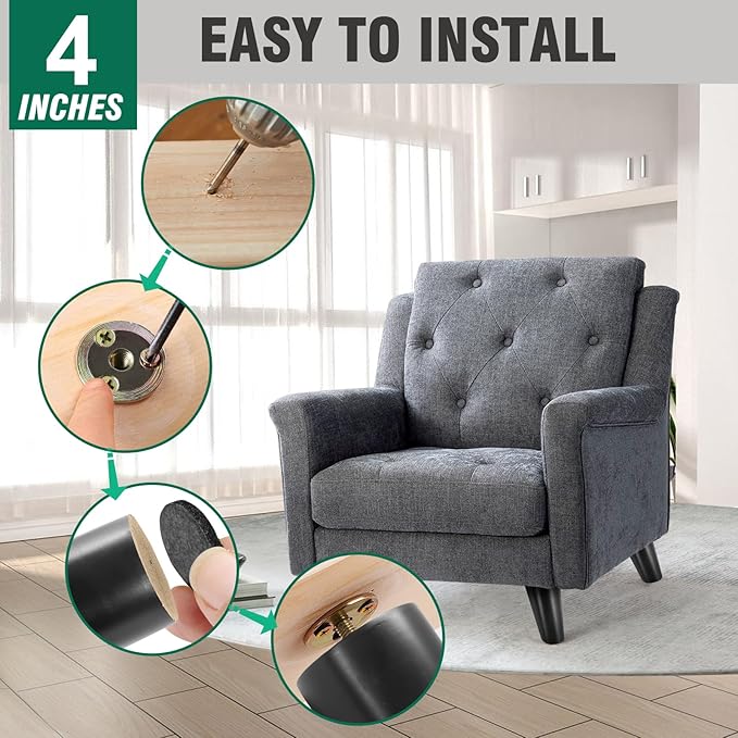 FoDau770 Black Rubber Wood Furniture Legs 4 Inches, Slant Tapered Wood Feet Mid Century Sofa Legs Set of 4, 5/16" UNC Furniture Feet Replacement Parts for Cabinet Couch Dresser Chair Ottoman Table