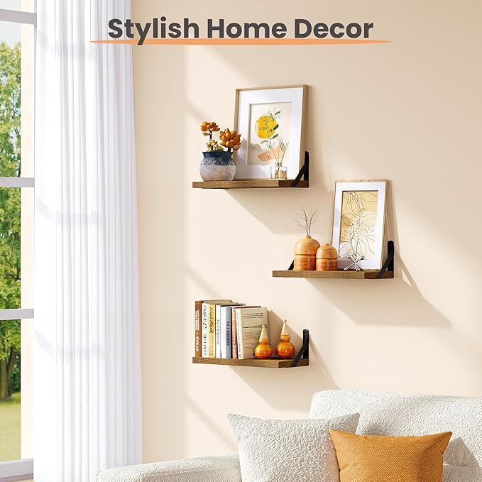 upsimples Floating Book Shelves for Wall, 15.7 Inches Wood Shelves for Living Room, Bathroom, Bedroom, Kitchen Storage and Decoration, Brown