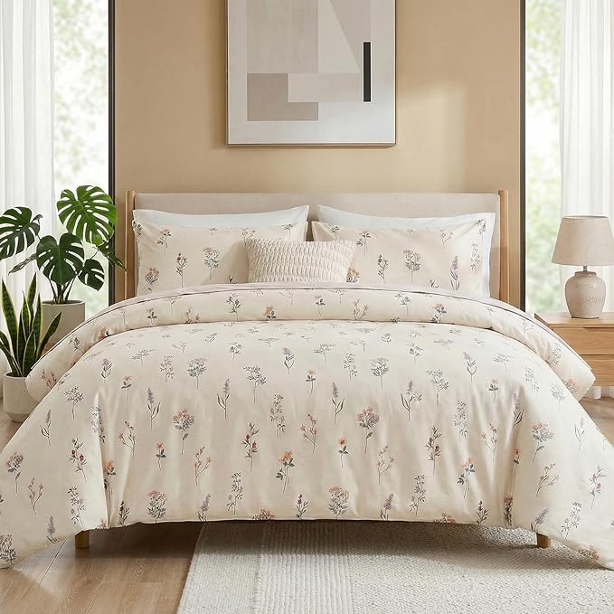 Cream Duvet Cover Set Twin Size 100% Washed Cotton Linen Like Textured Comforter Cover 2 Pcs Luxury Soft and Breathable Floral Duvet Cover with Zipper Closure