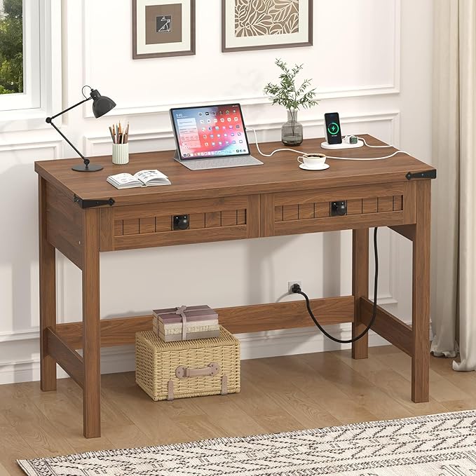 YOMILUVE Farmhouse Computer Desk with 2 Drawers, 39 Inch Small Office Computer Desk with Power Outlets, Compact Writing Study Vanity Desk for Small Spaces, Brown