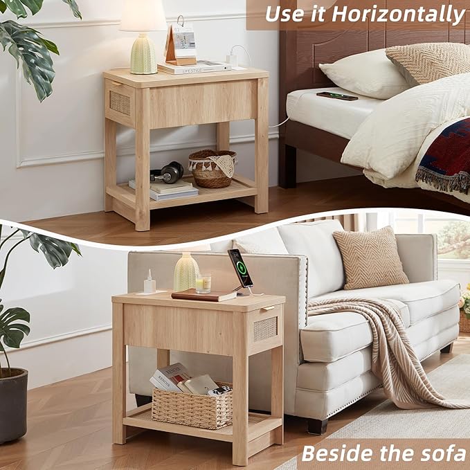 Lerliuo Narrow Night Stand with Charging Station, Boho Nightstand with Drawer, Bed Side End Table with Rattan Shelf for Small Spaces, Wood Nightstands Bedside Tables for Living Room Bedroom