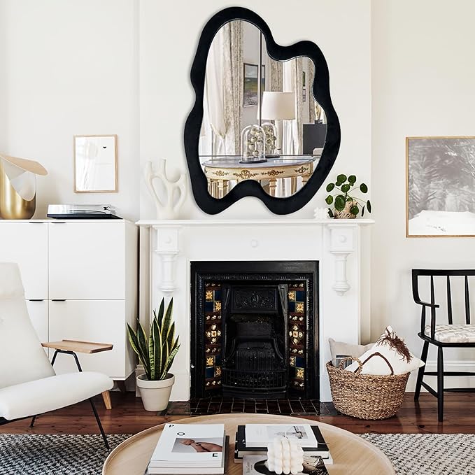 Irregular Wall Mirror Asymmetrical Mirror, Black Wavy Mirror with Flannel Frame, Decorative Wall Mirror for Bedroom, Livingroom, Entryway, 20"x 28"