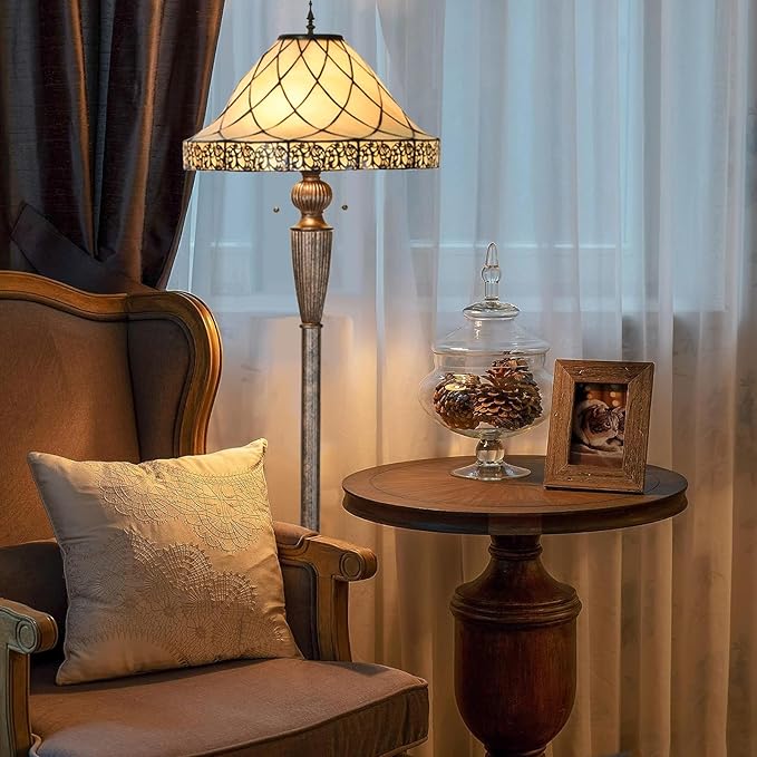 FL0002 Tiffany Floor Lamp Stained Glass Lampshade Beige-Like Color with Geometric Pattern, Warm Glow & Elegant Design, Antique Finished Lampbase, W 18 X H 62.5 Inches, LED Bulbs Included