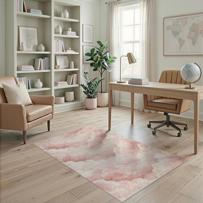 4'x6' Washable Cottagecore Cloud Area Rug, White Flatwoven Floor Mat for Home Office, Gaming Room, Under Desk, Non-Slip Chair-Friendly Carpet | Ref:2208259
