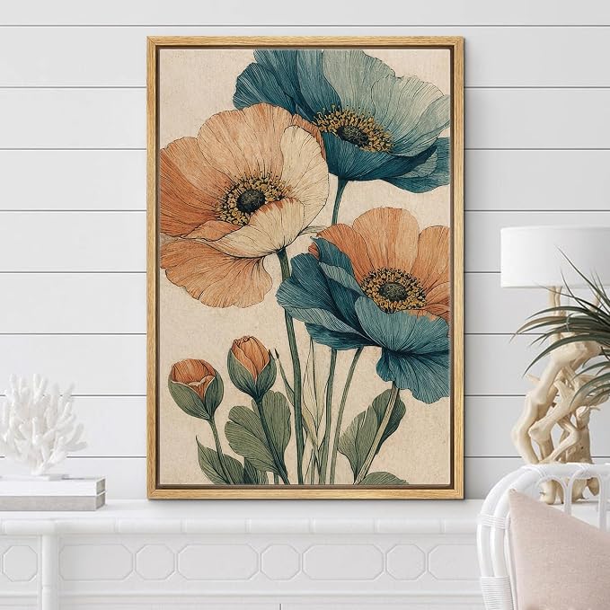 Woodrose Framed Canvas Print Wall Art Vintage Poppy Flowers Botanical Illustrations Modern Art Minimalist 3D Colorful Ultra for Living Room, Bedroom, Office - 16"x24" NATURAL