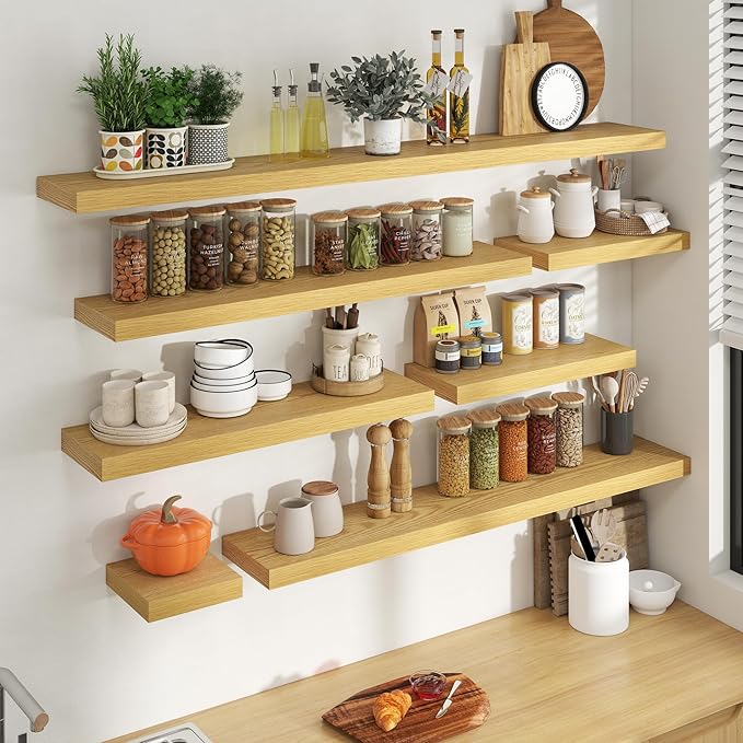 20 Inch Floating Shelves for Wall, 8 Inch Deep Floating Shelf for Storage & Display, Rustic Wall Mounted Shelf with Invisible Brackets for Living Room, Kitchen, Bathroom, Home Decor, Set of 2, Oak