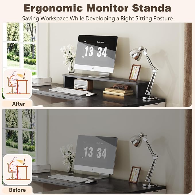 HUAHUU 78" Farmhouse L Shaped Executive Desk with Drawers, Modern Computer Desk with Power Outlets, Office Writing Desk with Monitor Stand & Storage Cabinet, Printer Shelf, Antique White