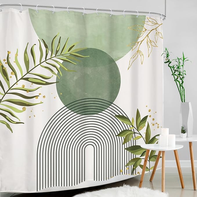 Sage Green Boho Shower Curtain 72Wx72H Modern Abstract Bohemian Leaves Minimalist Neutral Botanical Geometric Arch Bathroom Decor Mid Century Plant Bath Curtain Fabric Polyester 12 Pack Hooks