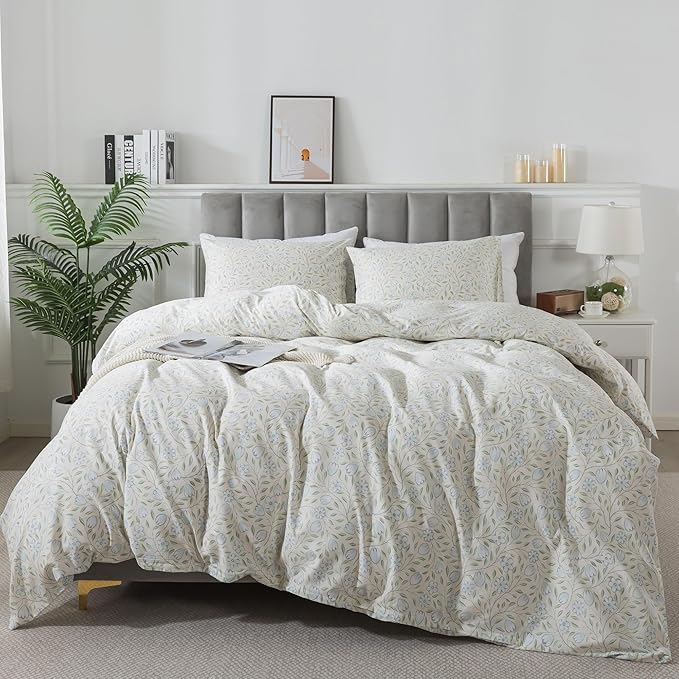 HoneiLife Floral Duvet Cover Queen - 100% Cotton Comforter Cover, Soft & Breathable Bedding Duvet Cover Sets with Zipper Closure & Corner Ties, 3-PC Wildflower Comforter Cover Sets, Early Summer