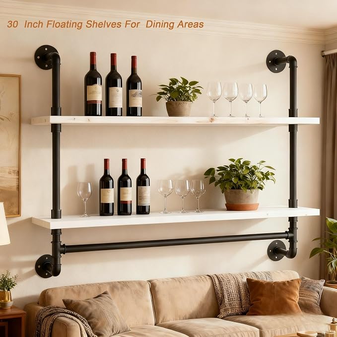 ROGMARS White Floating Wall Shelves Industrial Pipe Shelving 30 Inch Wood Bathroom Shelves with Towel Bar Over Toilet, Rustic Farmhouse Pipe Wall Shelves for Kitchen Living Room (30inch 2 Tier)