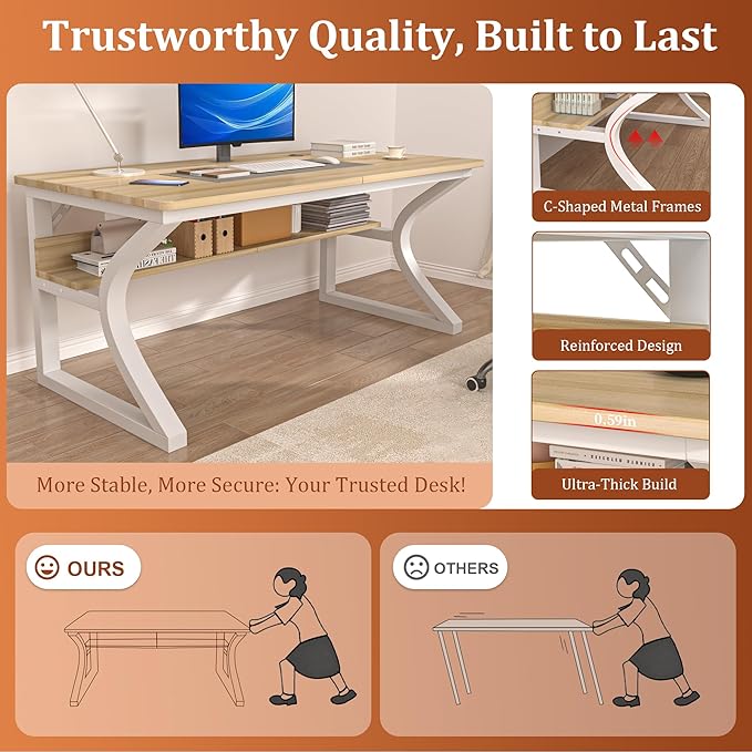 AZN Computer Desk, 55x24 in Computer Desk, Office Desk w/Storage & U-Size Metal Frame for Home Office Bedroom Gaming, Office Desk w/Water-Resistant, Scratchproof Surface, Light Walnut