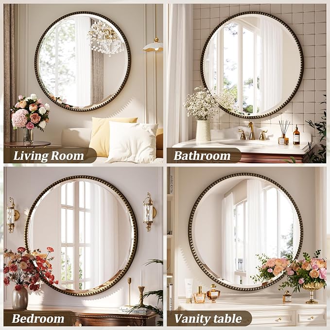24 Inch Round Bathroom Mirror - Luxurious Retro Beaded Circle Decorative Wall Mirror with PU Frame Hanging Leaning as Art Decor for Entryway, Bedroom, Living Room, Hallway, Bronze