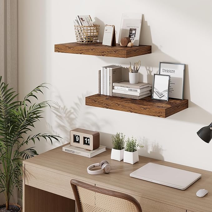 Fun Memories 24 Inch Floating Shelves Wall-Mounted, 12 Inch Deep Wall Shelves, 24 x 12 Floating Shelf, Deep Storage Shelf for Living Room Bathroom Bedroom, Rustic Brown, Set of 2