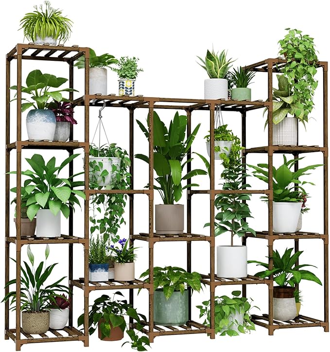 Bamworld Large Hanging Plant Stand Indoor Tall Plant Shelf Outdoor 14 Pots Large Plant Rack for Living Room Patio, Balcony and Garden