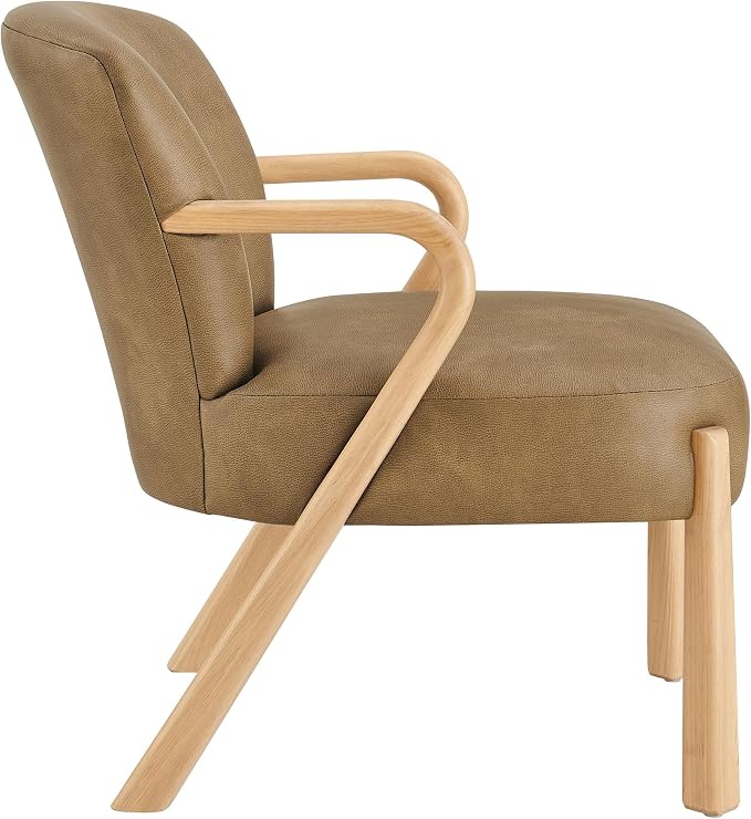 Modway Arden Faux Leather Upholstered Accent Armchair in Toast – Mid-Century Modern Lounge Chair with Curved Wood Frame