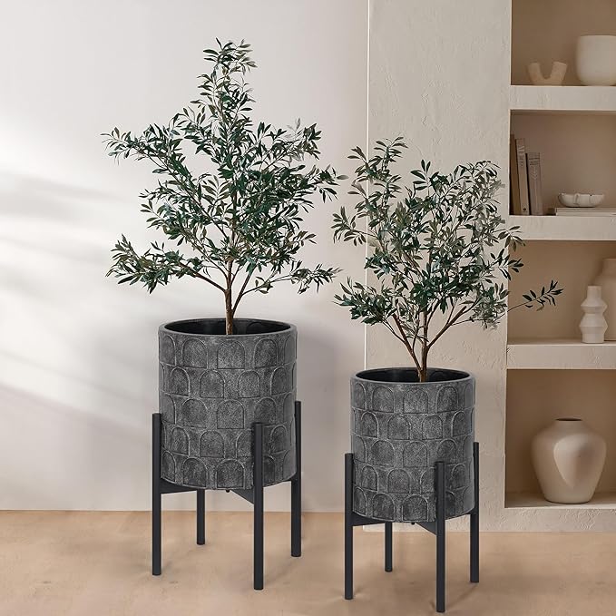 Oakrain Planters for Indoor Plants, Set of 2 Mid-Century Modern Planter with Stand, Decorative Metal Planter Pots for Living Room, Office, Garden, Balcony, 10"&12", Rustic Gray