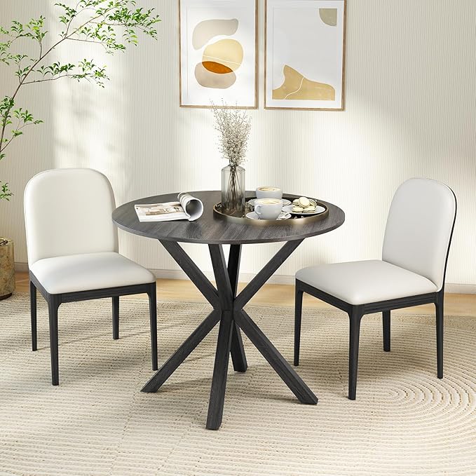 Moccha 36" Round Dining Table for 4 - Rubber Wood Kitchen Table with Intersecting Trestle Legs, Vintage Bar Table, Farmhouse Dining Room Tables for Dinette, Small Space, Restaurant, Bistro (Black)