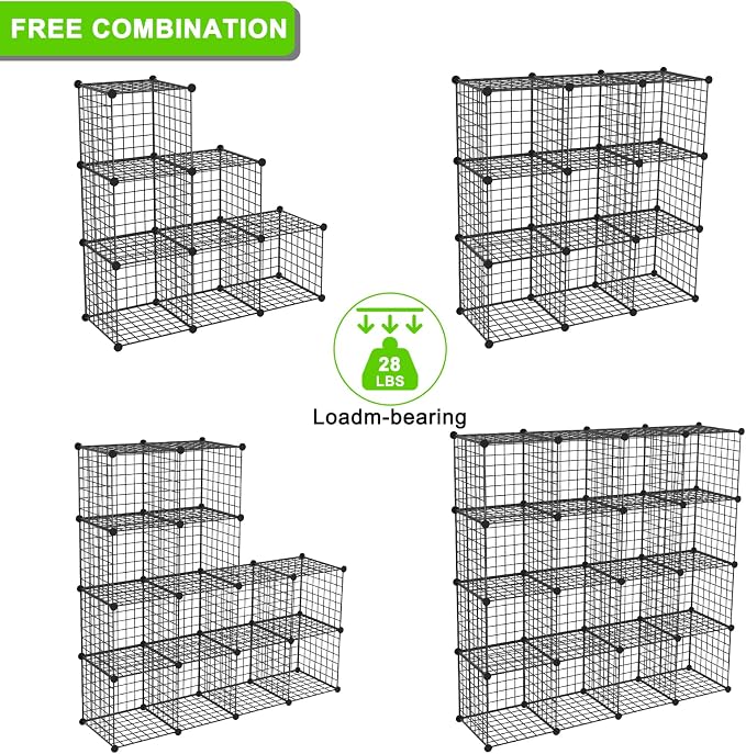 Wire Cube Storage Organizer, Metal Storage Shelves Bookshelf, Stackable Modular Closet Organizer for Bedroom Living Room, Office,Storage Shelves (9 Cubes, Iron)