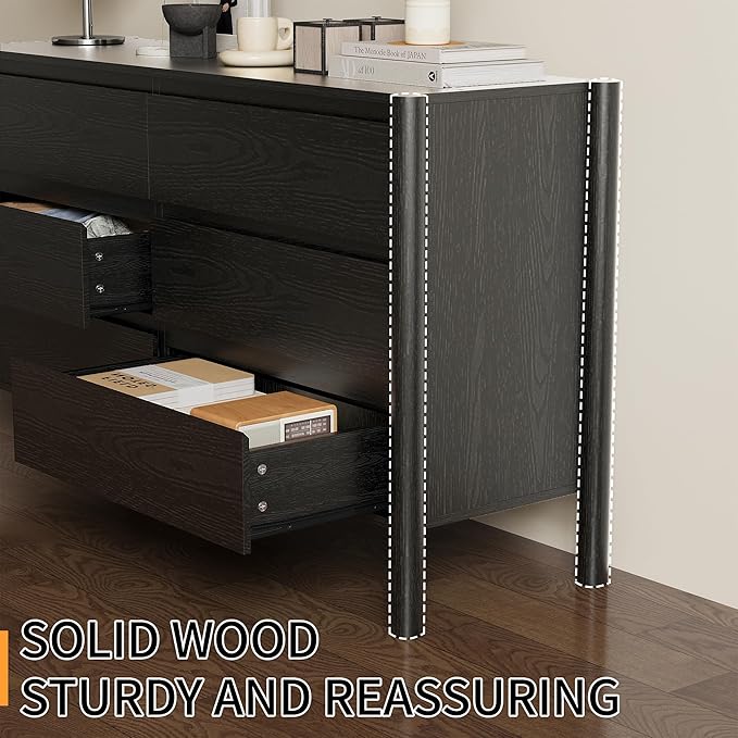 Dresser for Bedroom,6-Drawers,47" Wide Farmhouse Large Dressers & Chest,4 Solid Wood Legs,TV Stand, Storage Organizer Furniture for Bedroom(Black)