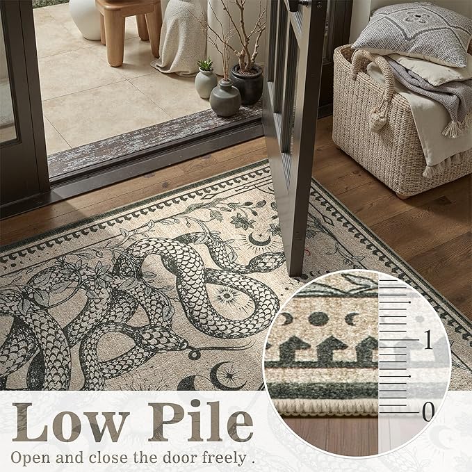 DCX Washable 3x5 Snake Rug, Beige Gothic Rug for Living Room, Soft Low Pile Carpet, Kid & Pet Friendly with Rubber Back Non Slip, Stain Resistant Rug for Bedroom Dining Room Office