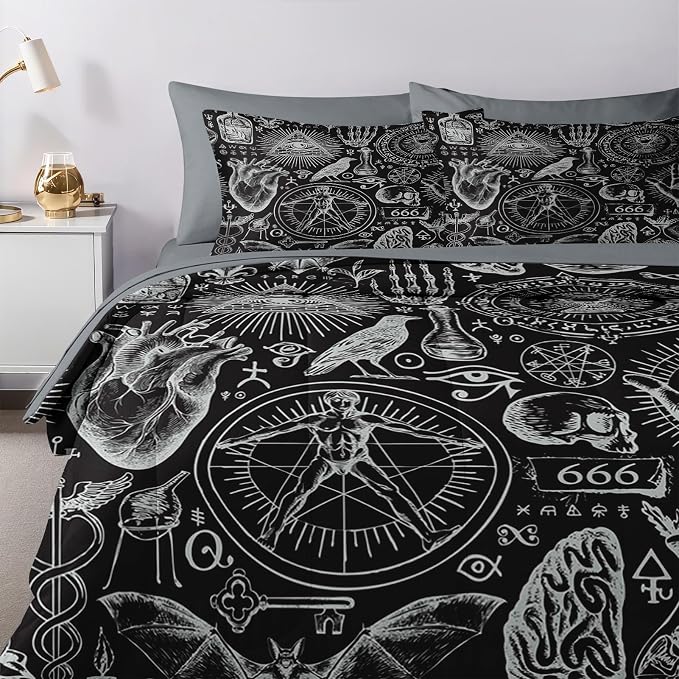 Nesker Comforter Set King Size, Vintage Halloween 7 Pcs Bedding for Kids and Adults, Mysticism Alchemy Bed Sheet Sets with Fitted Sheet 2 Pillowcases & 2 Shams