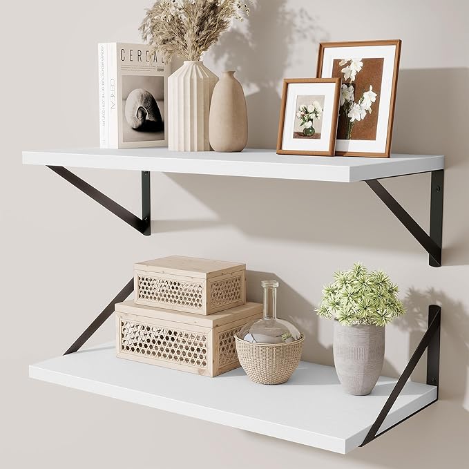 Deep Floating Shelves,24" Wx10 D Floating Shelf for Wall Set of 2,Hanging Storage Shelf with Metal Brackets,Wide Display Wall Shelves for Living Room,Bedroom,Bathroom,Kitchen,White