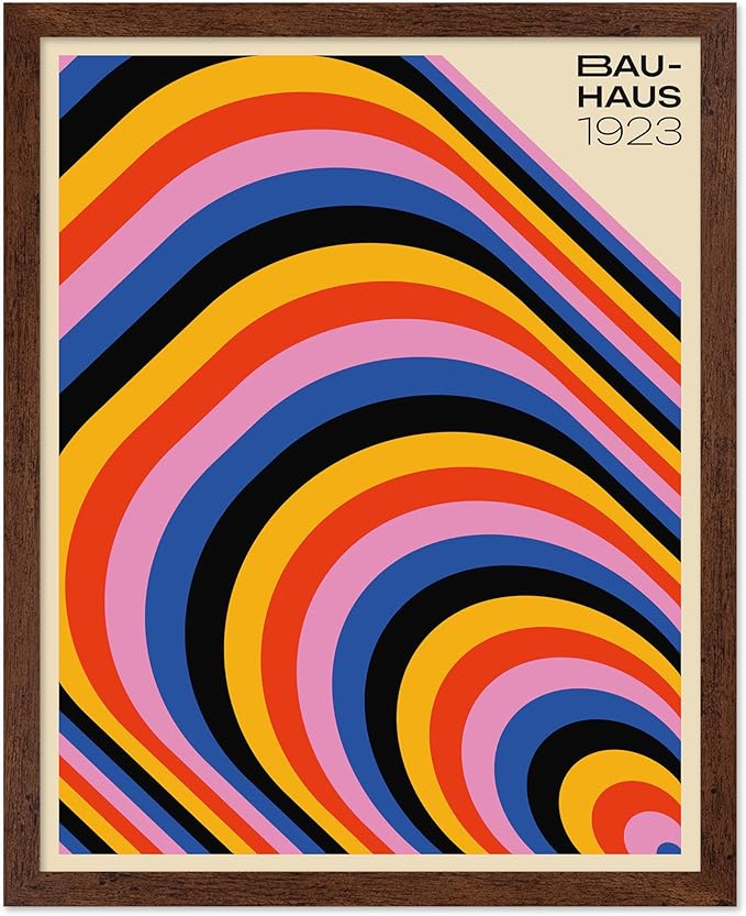 Poster Master Bauhaus Poster - Psychedelic Stripes Print - Abstract Art - Geometric Art - Graphic Design Art - Chic Boho Art - Mid Century Modern Art - Living Room Wall Decor - 16x20 Brown Framed