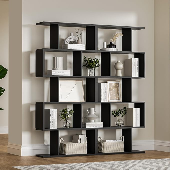 5-Tier Geometric Bookcase (Set of 2), 62.6" Tall S-Shaped Bookshelf & Room Divider, Modern Black Freestanding Display Shelving Unit for Living Room, Hallway, Home Office