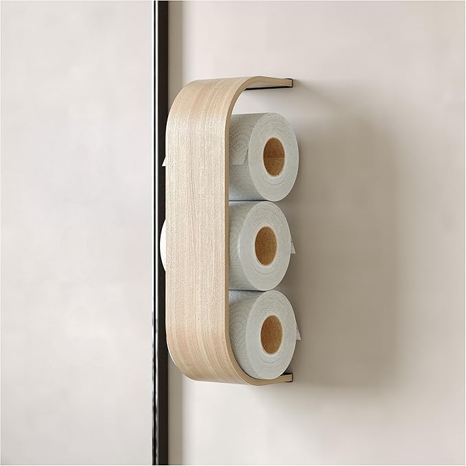Toilet Paper Holder, Wooden Shelf, Walnut WC Roll Storage, Wall Mount Floating Rolls Rack, Unique Holders for Bathroom, TP Organizer (Oak, Thin)