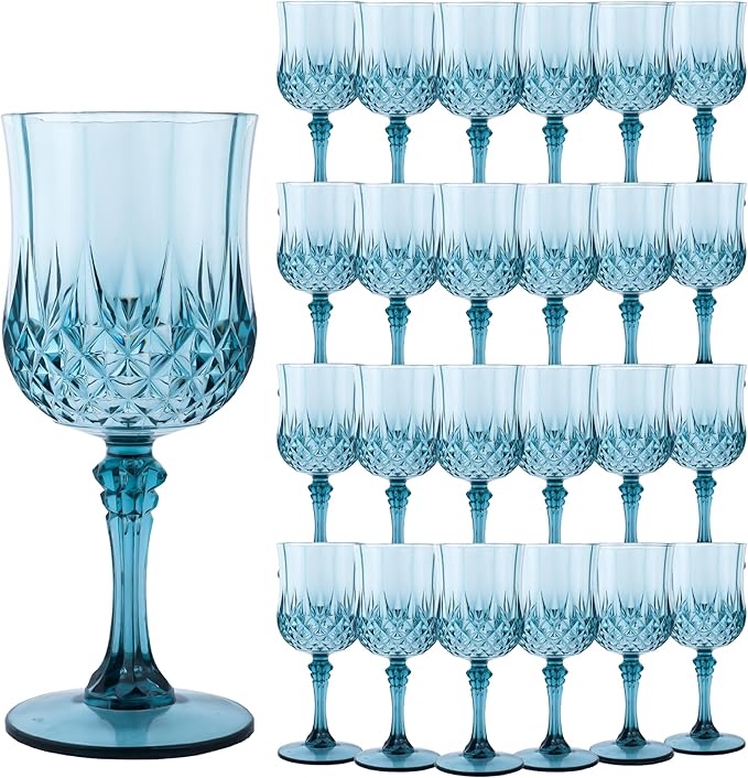 Plastic Wine Glasses, Plastic Goblets Vintage Style Cordial Drinking Glasses for Valentine’s Day, Wedding Reception, Grand Event Party Supplies (24, Dusty Blue)