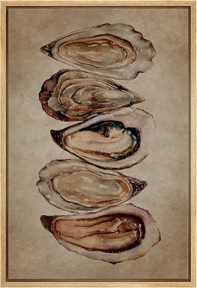 MUDECOR Framed Canvas Print Wall Art Watercolor Oyster Shells Rustic Coastal Illustrations Minimalism Decorative Bohemian Colorful Zen for Living Room, Bedroom, Office - 16"x24" NATURAL