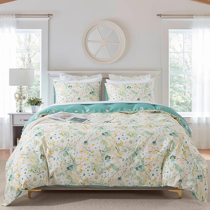 HoneiLife Duvet Dover King Size - 100% Cotton Comforter Cover Floral Duvet Cover Sets, Botanical Duvet Cover with Zipper Closure & Corner Ties, 3-PC Wildflower Comforter Cover Sets, Ink-Painting