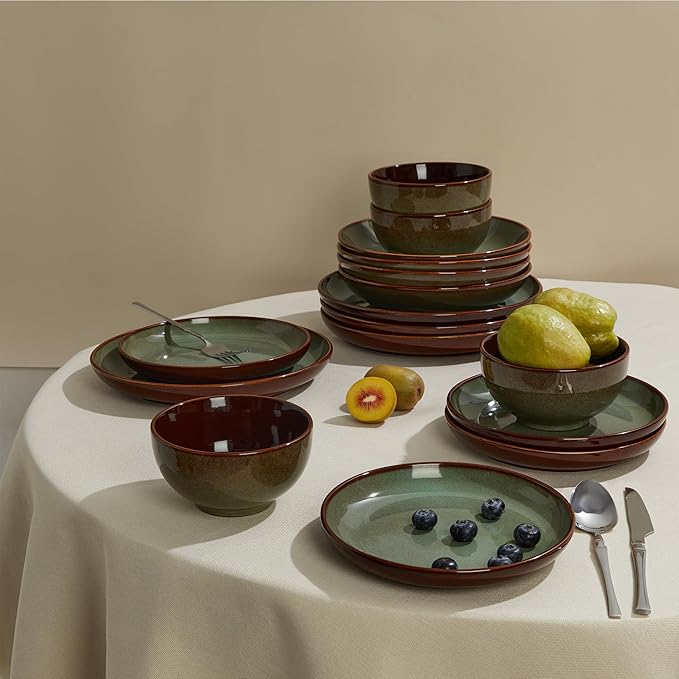 16 Piece Double Bowl Dinnerware Sets with Pasta Bowls, Highly Chip and Crack Resistant Plates and Bowls Sets, Natural Earthyware Ceramic Dishware Sets, Service for 4 Sage Green