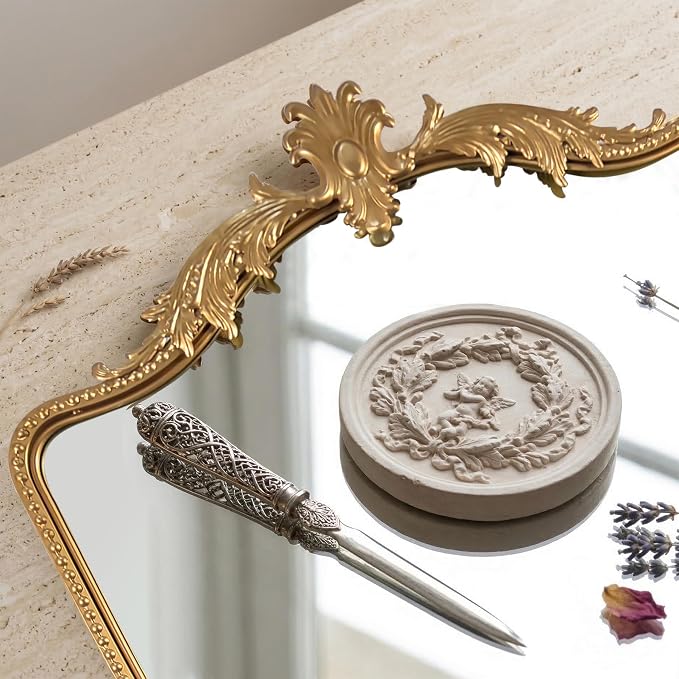 Arched Gold Carved Wall Mirror - 40''x28'' Vintage Gold Large Baroque Wall-Mounted Mirror - Iron Frame with Beaded Trim - Antique French Ornate Mirror for Entryway/Hallway/Fireplace/Bathroom