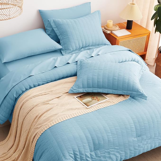 CozyLux Full Size Comforter Sets Sky Blue, 7 Pieces Seersucker Textured Luxury Bed in a Bag, All Seasons Soft Bedding Sets with Down Alternative Comforter, Sheets, Pillowcases & Shams, Home Gift
